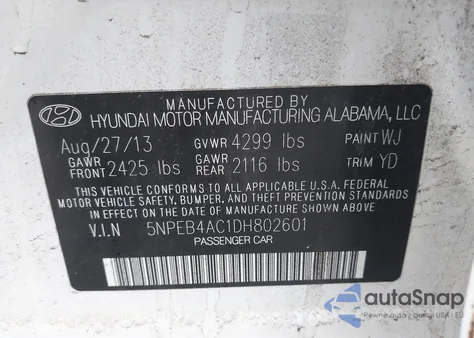 2013 Hyundai Sonata Gls from USA, damaged, VIN 5NPEB4AC1DH802601